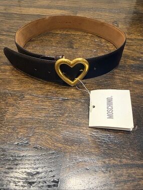 Moschino Brown Leather Belt with Gold Heart Buckle
